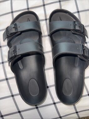 Women's Double-Strap Black Slide Sandals with Adjustable Buckles